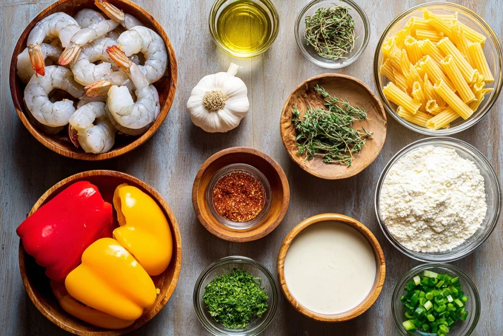 ingredients for creamy Jamaican shrimp pasta arranged overhead