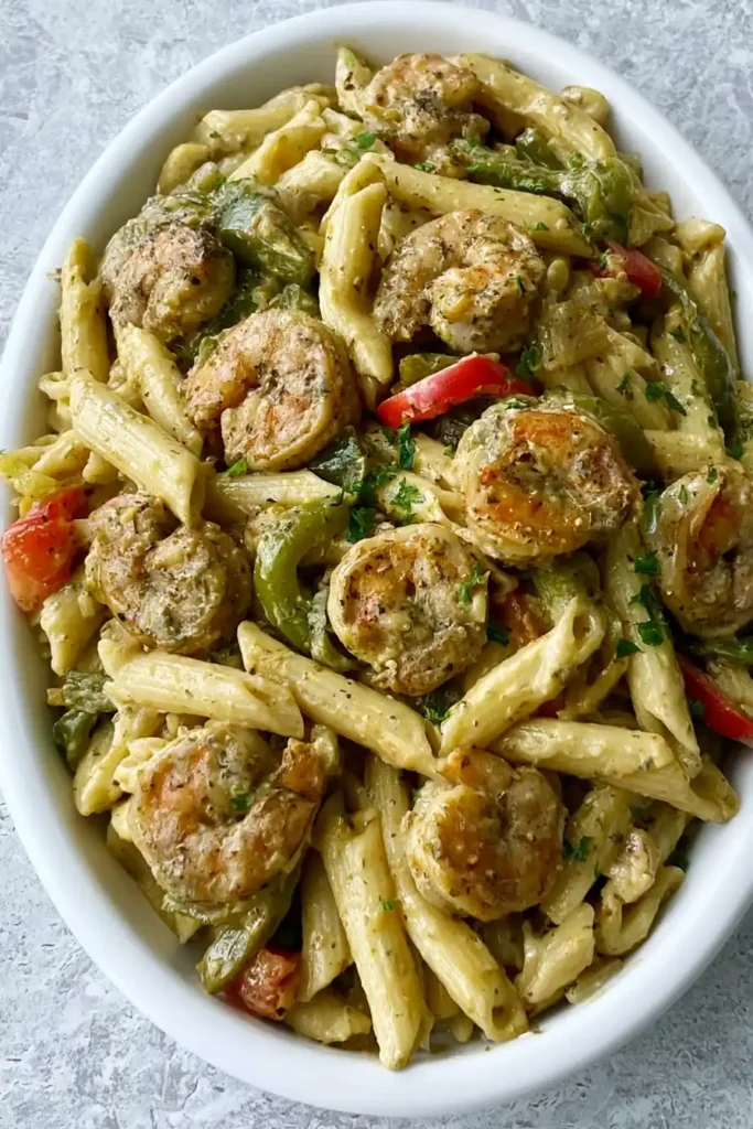 Creamy Jamaican Shrimp Pasta with Jerk Seasoning 9 Portrait view of Creamy Jamaican Shrimp Pasta with jerk shrimp and bell peppers