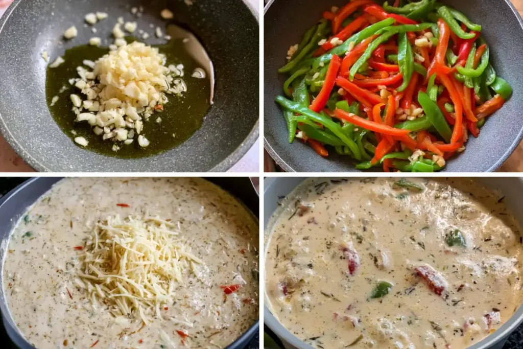 Creamy Jamaican Shrimp Pasta with Jerk Seasoning 6 Creamy Jamaican Shrimp Pasta sauce simmering with bell peppers and Parmesan