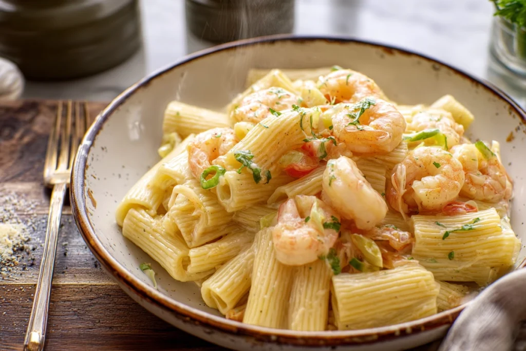 creamy Jamaican shrimp pasta served warm in a bowl