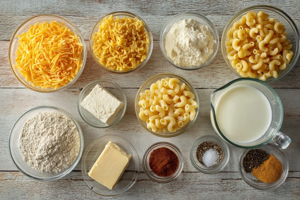 Creamy Macaroni and Cheese That Feels Like Home 7 ingredients for creamy macaroni and cheese arranged overhead