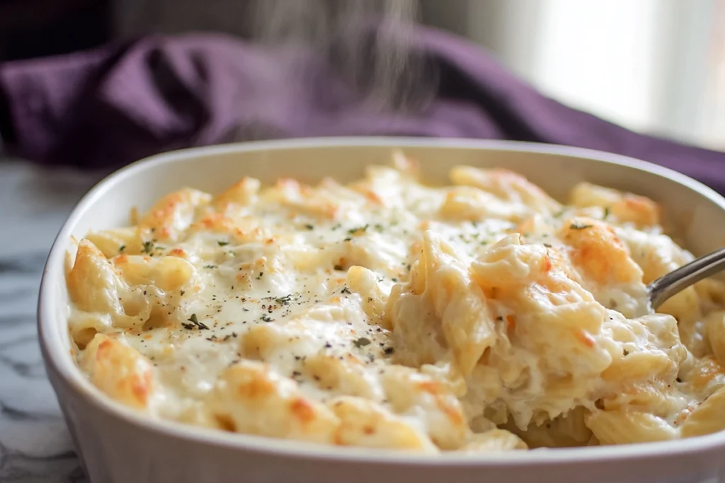 creamy macaroni and cheese plated fresh in a modern home kitchen