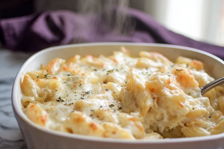 creamy macaroni and cheese plated fresh in a modern home kitchen