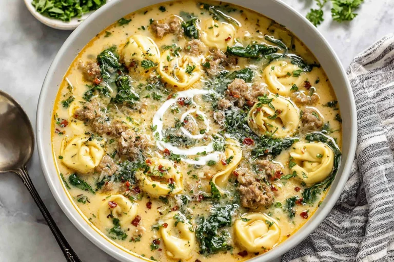 creamy sausage tortellini soup in modern kitchen bowl with herbs and cheese