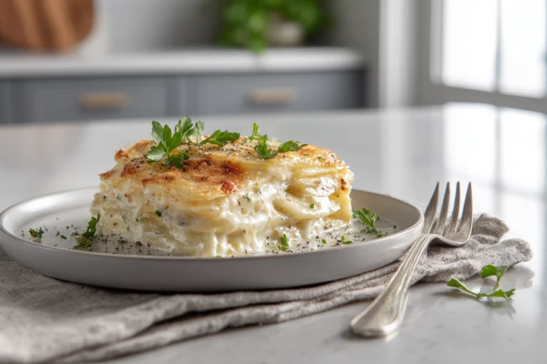 Creamy Scalloped Potatoes That Melt in Your Mouth Every Time 8 freshly baked creamy scalloped potatoes served on a modern plate in a bright kitchen