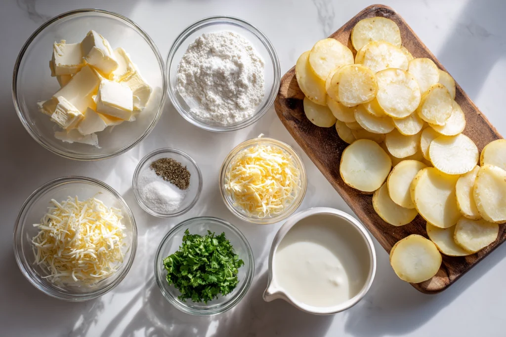Creamy Scalloped Potatoes That Melt in Your Mouth Every Time 8 overhead view of ingredients for creamy scalloped potatoes including potatoes, butter, milk, and cheese
