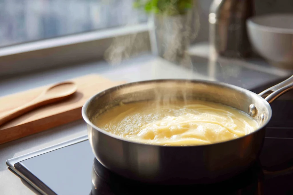 Creamy Scalloped Potatoes That Melt in Your Mouth Every Time 9 saucepan with roux base sauce being whisked for creamy scalloped potatoes