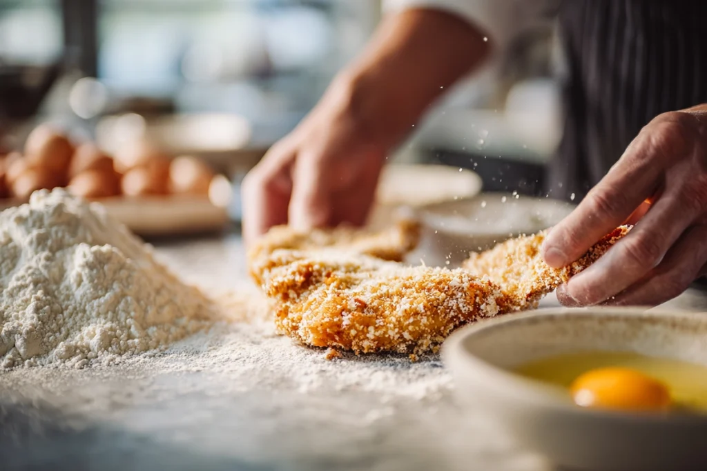 Crispy Parmesan Chicken – The Secret to That Golden Crunch You Crave 9 Close-up of breading process for crispy parmesan chicken with Panko and parmesan coating on a modern kitchen counter.