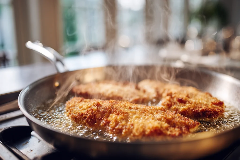 Crispy Parmesan Chicken – The Secret to That Golden Crunch You Crave 10 Crispy parmesan chicken frying in a stainless-steel skillet with golden crust forming under natural daylight.