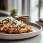 Crispy Parmesan Chicken – The Secret to That Golden Crunch You Crave 7 Crispy parmesan chicken plated in a modern kitchen with golden crust, parmesan garnish, and natural daylight.