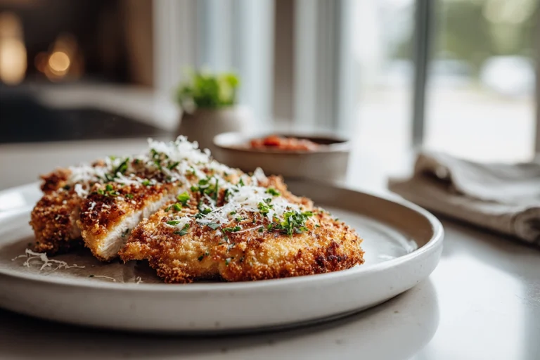 Crispy parmesan chicken plated in a modern kitchen with golden crust, parmesan garnish, and natural daylight.
