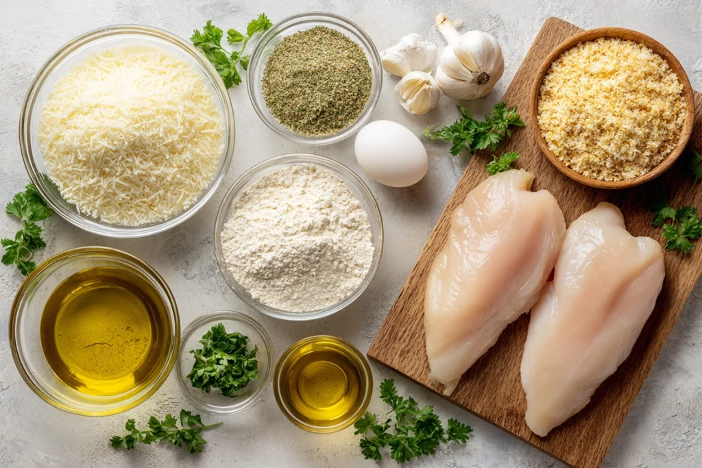Crispy Parmesan Chicken – The Secret to That Golden Crunch You Crave 8 Overhead photo of crispy parmesan chicken ingredients, including chicken breasts, breadcrumbs, parmesan, eggs, and herbs on a kitchen counter.