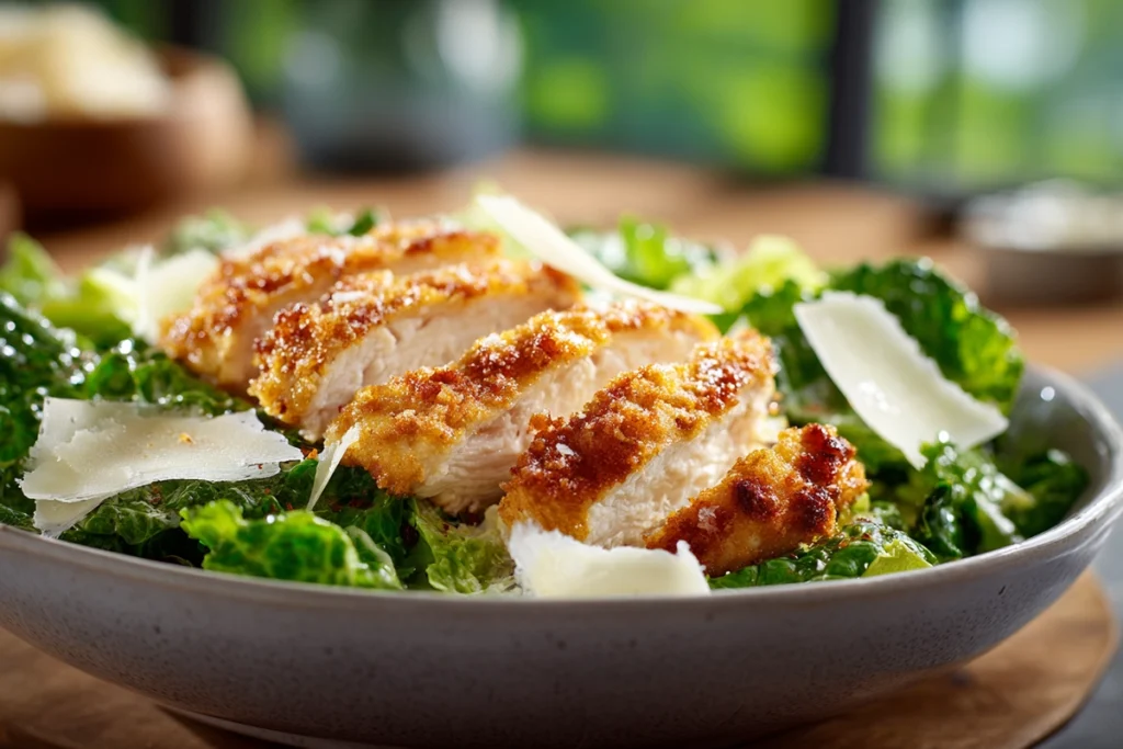 Crispy Parmesan Chicken – The Secret to That Golden Crunch You Crave 11 Crispy parmesan chicken served over Caesar salad in a bright modern kitchen with natural light and clean styling.