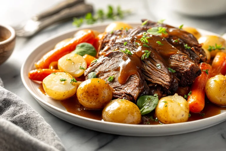 Crock Pot Pot Roast served with carrots, potatoes, and gravy on a white plate in natural daylight