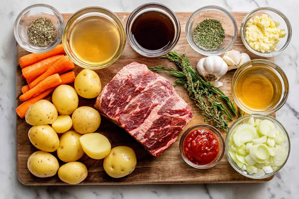 Overhead photo of Crock Pot Pot Roast ingredients including chuck roast, carrots, potatoes, onions, and herbs