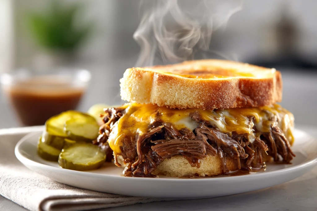 Crock Pot Pot Roast sandwich with melted cheese and gravy on a white plate