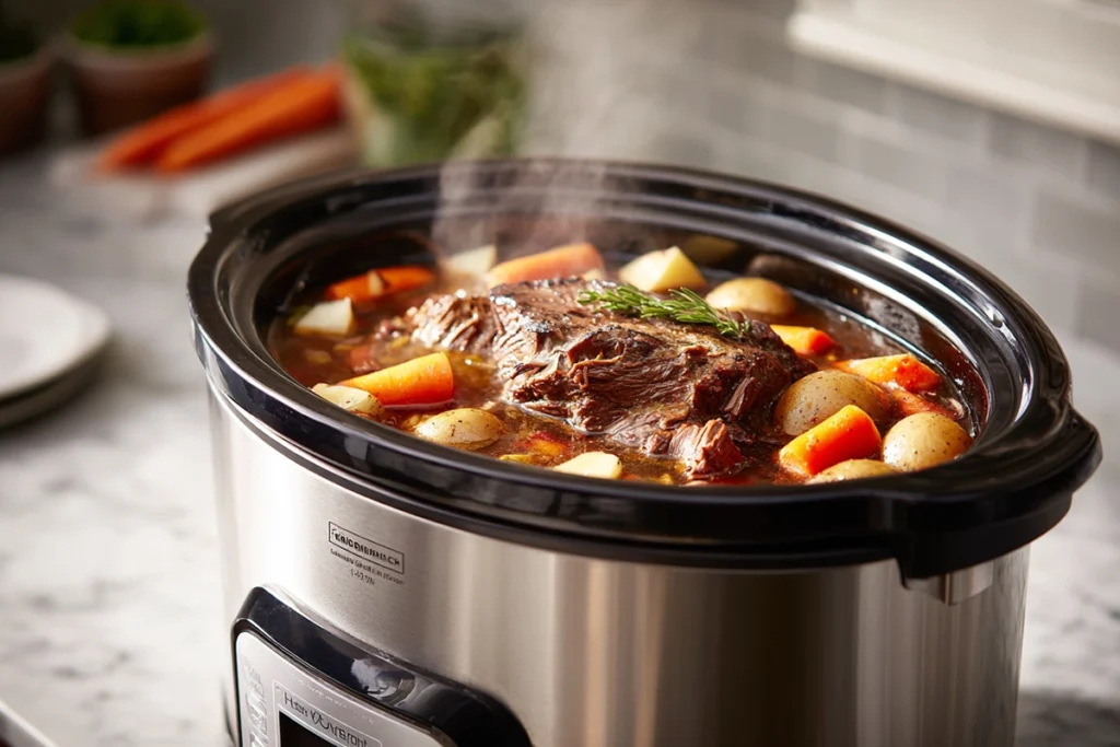 Close-up of Crock Pot Pot Roast gravy being whisked to a glossy finish in saucepan