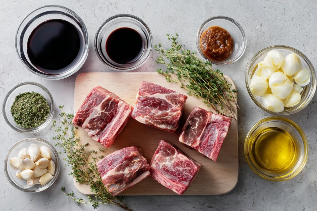 Super Tender Crockpot Beef Short Ribs: Fall-Off-The-Bone Comfort Food 7 flat lay of crockpot beef short ribs ingredients with fresh herbs, vegetables, and sauces in modern kitchen