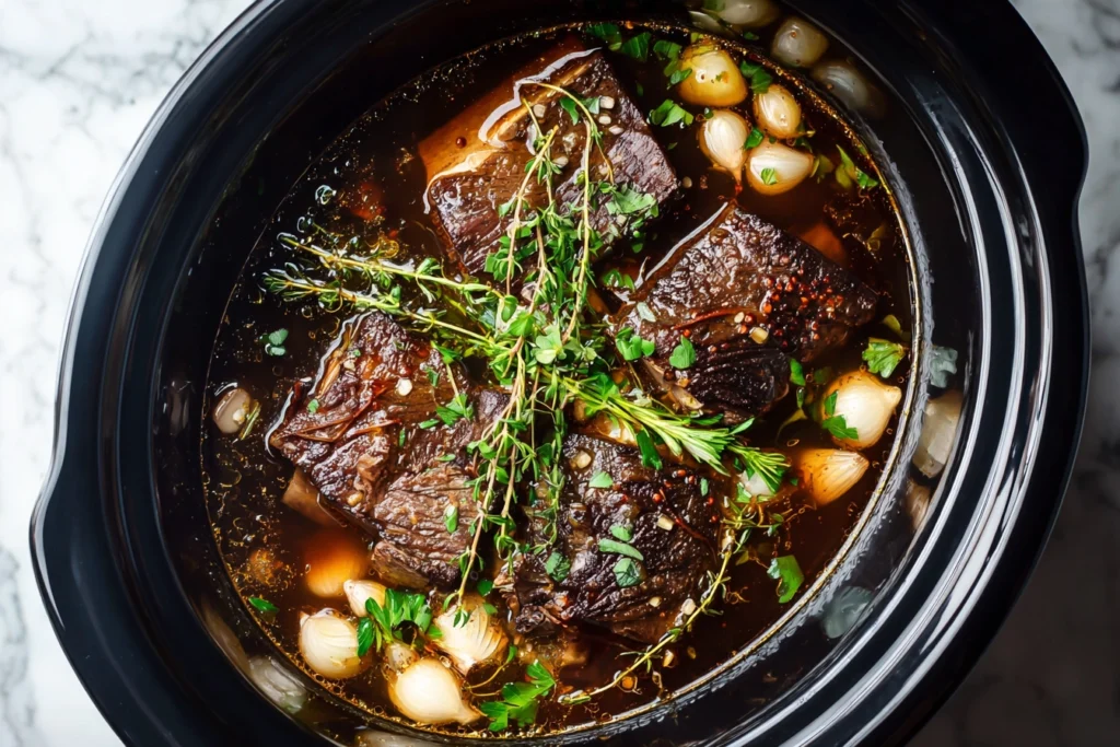Super Tender Crockpot Beef Short Ribs: Fall-Off-The-Bone Comfort Food 9 crockpot beef short ribs simmering in broth with herbs and vegetables during slow cooking