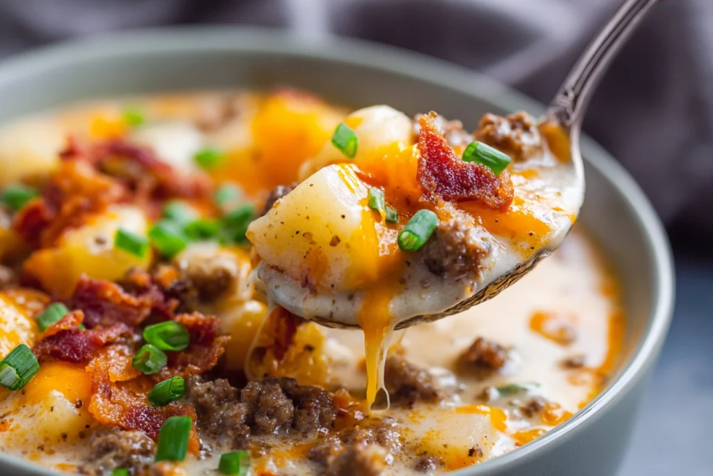 close-up of spoon lifting cheesy crockpot cheeseburger soup with beef, potatoes, and melted cheese