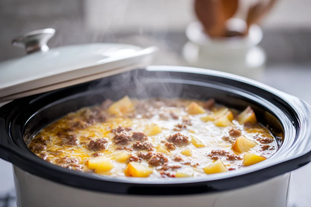 slow cooker filled with simmering crockpot cheeseburger soup showing potatoes, beef, and melted cheese
