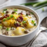 bowl of crockpot cheeseburger soup with potatoes, ground beef, and melted cheese in modern kitchen