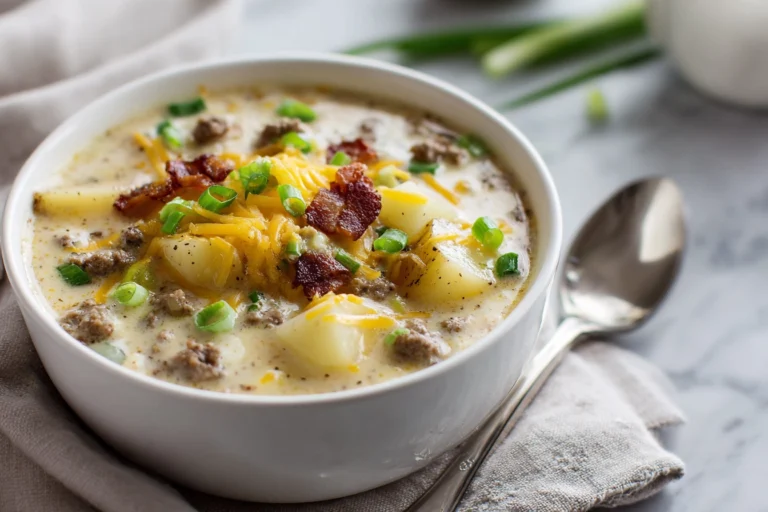 bowl of crockpot cheeseburger soup with potatoes, ground beef, and melted cheese in modern kitchen