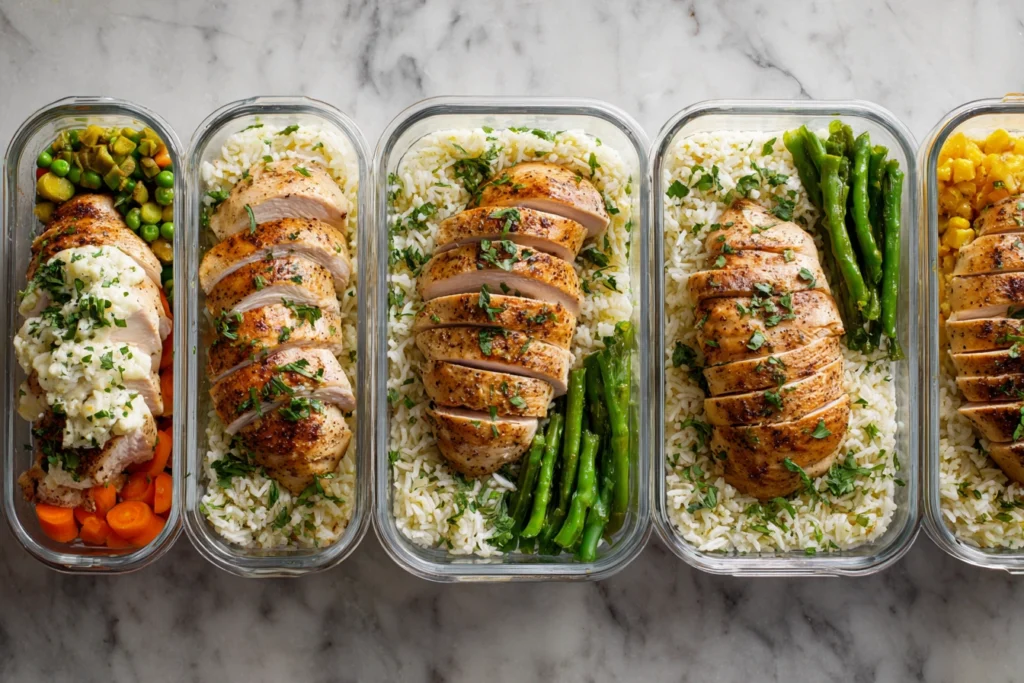 overhead photo of crockpot chicken breast meal prep containers with vegetables and rice