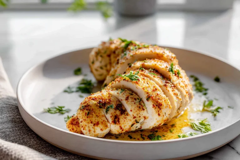 juicy crockpot chicken breast served on a white plate with fresh herbs in a modern kitchen