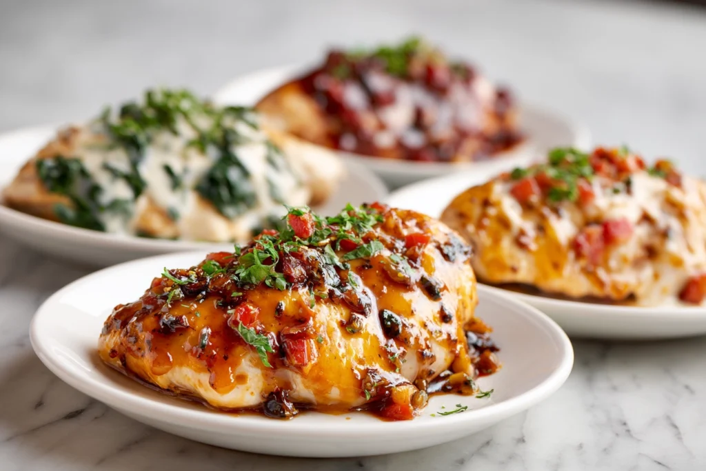 three variations of crockpot chicken breast honey garlic creamy Tuscan and BBQ style on marble counter