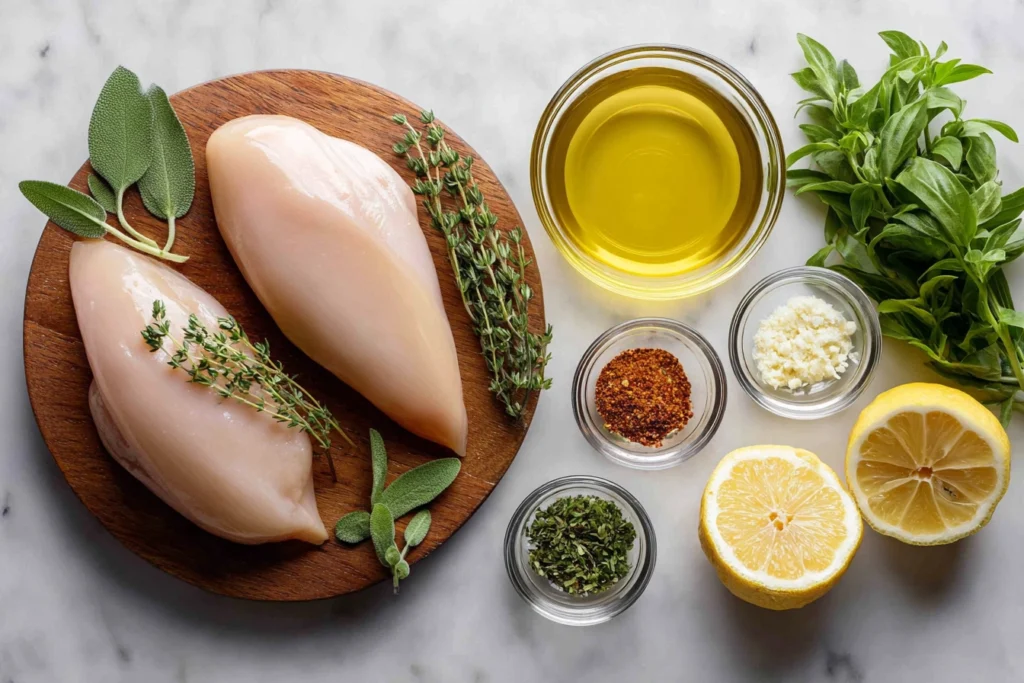 overhead view of ingredients for crockpot chicken breast including olive oil, broth, garlic, paprika, and chicken breasts
