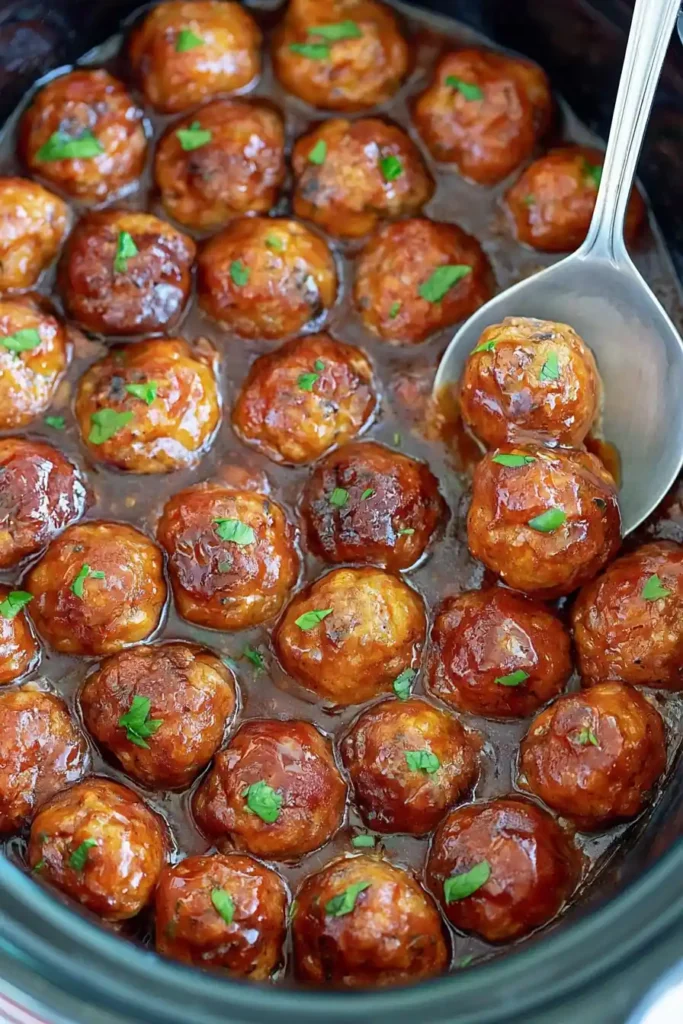 Crockpot Grape Jelly Meatballs for an Easy Party Appetizer 6 Warm Crockpot Grape Jelly Meatballs Ready to Serve from a Slow Cooker