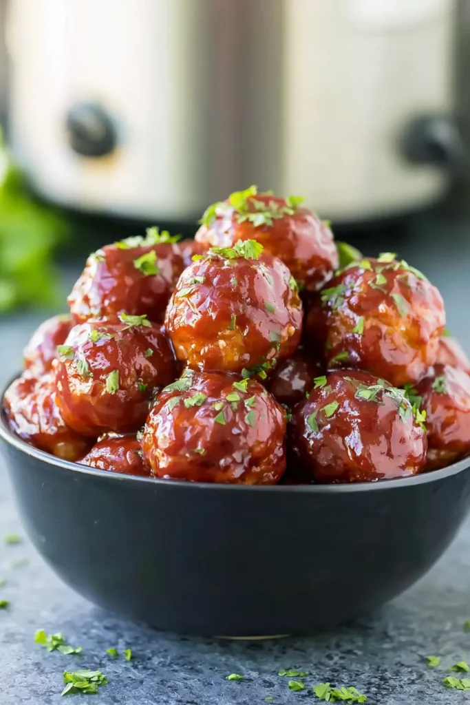 Crockpot Grape Jelly Meatballs for an Easy Party Appetizer 4 Crockpot Grape Jelly Meatballs Served in a Ceramic Bowl for a Party Appetizer