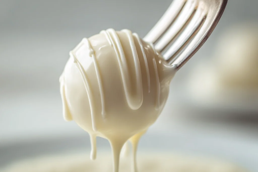 No Bake Pumpkin Cheesecake Balls: A Creamy Fall Treat You’ll Crave 9 close-up of no bake pumpkin cheesecake ball being dipped in melted white chocolate