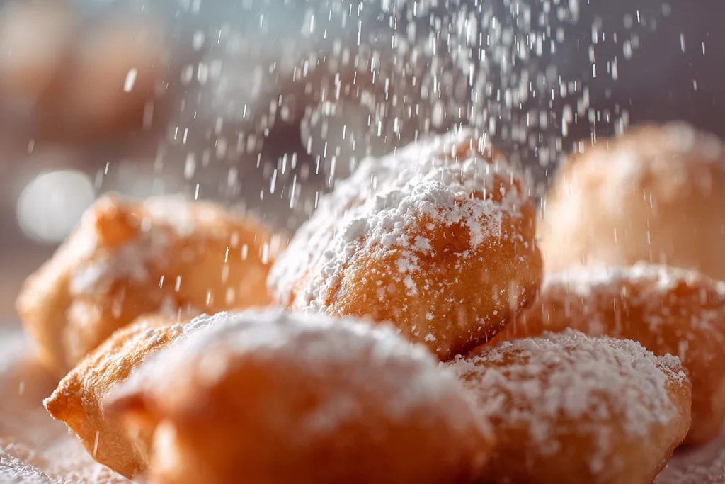 Vanilla French Beignets: Light, Airy, and Irresistibly Golden 9 macro shot of powdered sugar falling over warm vanilla French beignets