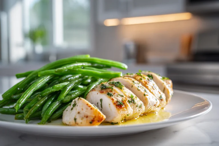 overhead photo of ingredients for easy chicken breast and green beans recipe
