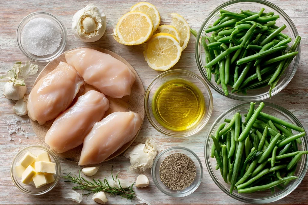 perfectly plated easy chicken breast and green beans on modern kitchen counter