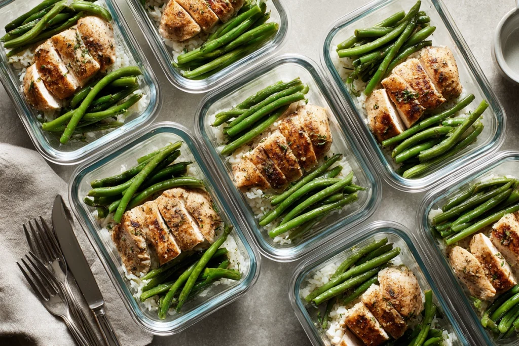 meal prep containers with easy chicken breast and green beans portions