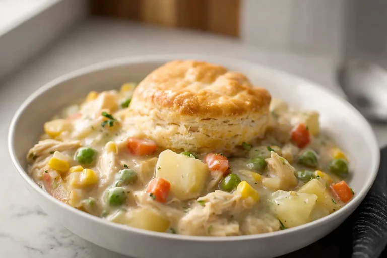 easy slow cooker chicken pot pie with creamy filling and golden biscuit topping
