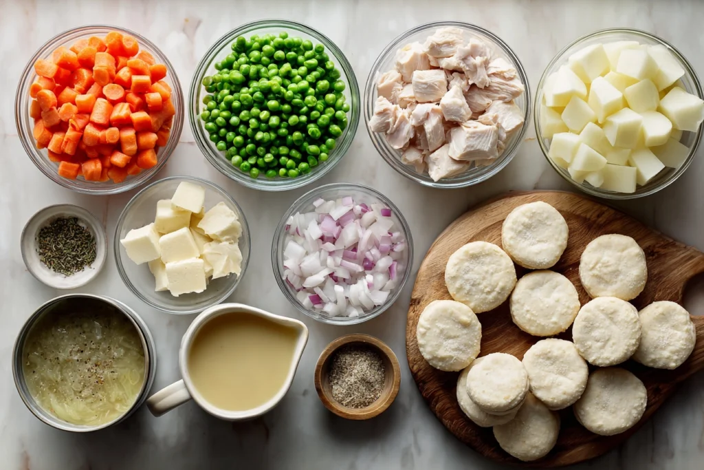 Cozy Comfort in a Bowl: Easy Slow Cooker Chicken Pot Pie 7 ingredients for easy slow cooker chicken pot pie arranged neatly on a marble kitchen counter
