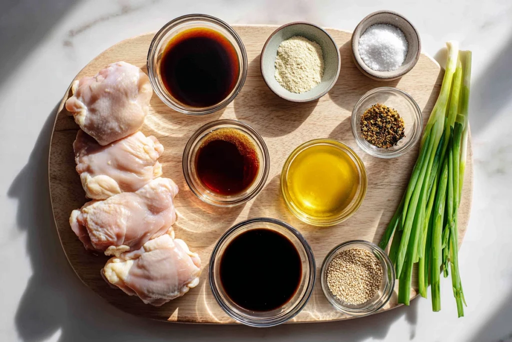 overhead photo of soy garlic chicken thigh ingredients arranged on wood board in modern kitchen