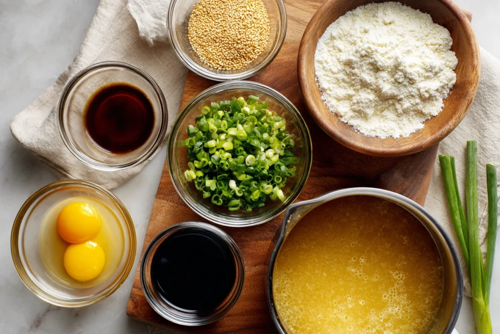 Overhead photo of ingredients for copycat egg drop soup including eggs, scallions, broth, and cornstarch slurry