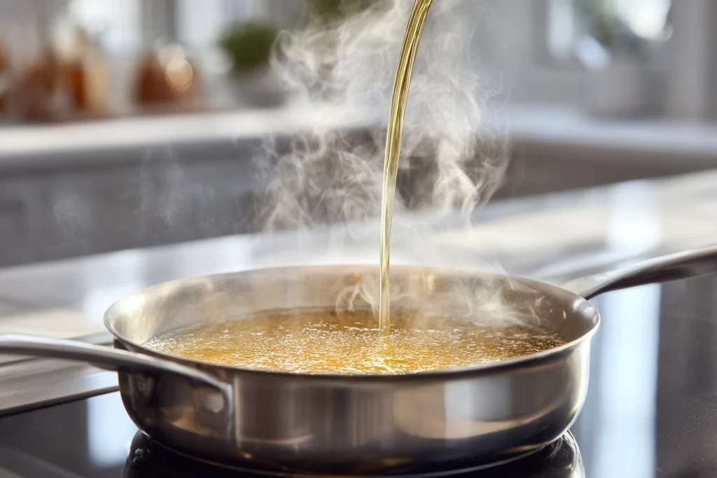 Close-up of whisked eggs being poured into simmering broth for copycat egg drop soup