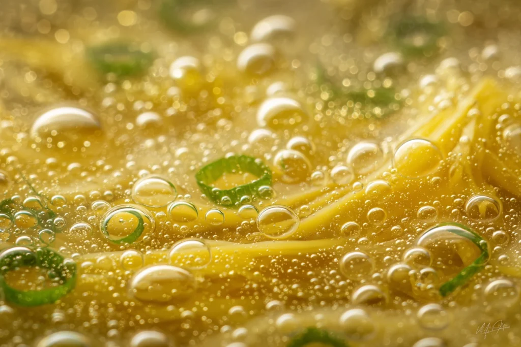 Macro photo showing silky egg ribbons in golden broth for copycat egg drop soup