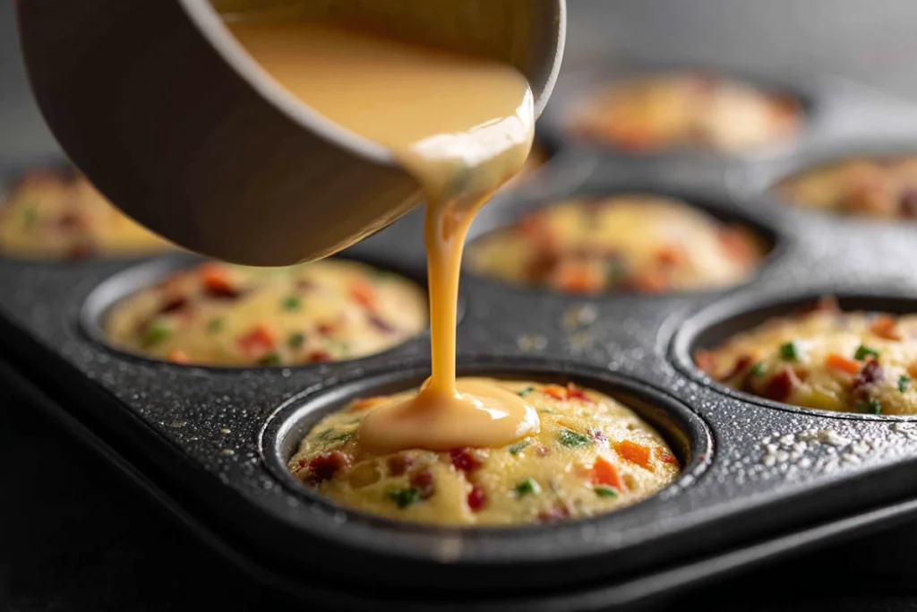 Fluffy Egg Muffins for Busy Mornings: A Healthy Make-Ahead Breakfast 8 egg mixture with vegetables being poured into muffin tin under bright natural light