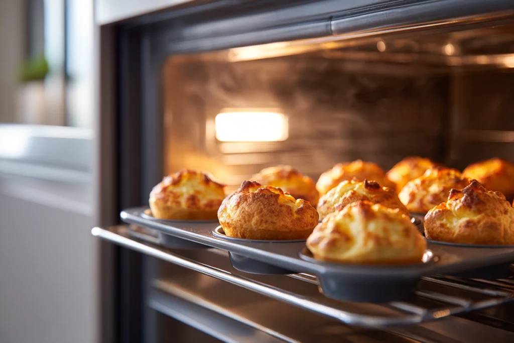 Fluffy Egg Muffins for Busy Mornings: A Healthy Make-Ahead Breakfast 9 egg muffins rising in stainless steel oven under natural daylight