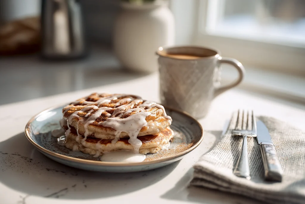 Fluffy Vegan Cinnamon Roll Pancakes That Taste Like a Cozy Morning Hug 10 fluffy vegan cinnamon roll pancakes served on modern plate beside coffee cup in bright kitchen