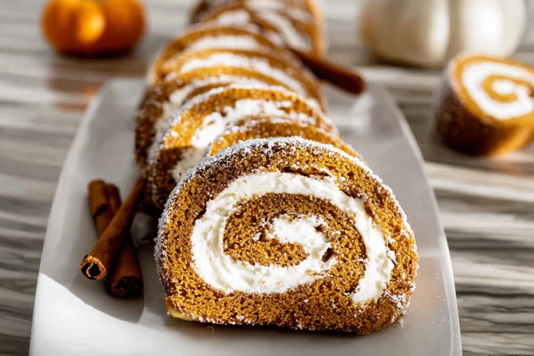 Fall Pumpkin Spice Roll Cake: A Cozy Dessert That Steals the Show 17 fall pumpkin spice roll cake on plate with cream cheese filling in modern kitchen