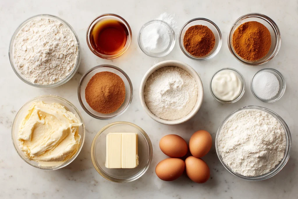 Ingredients arranged for fall pumpkin spice roll cake on marble counter