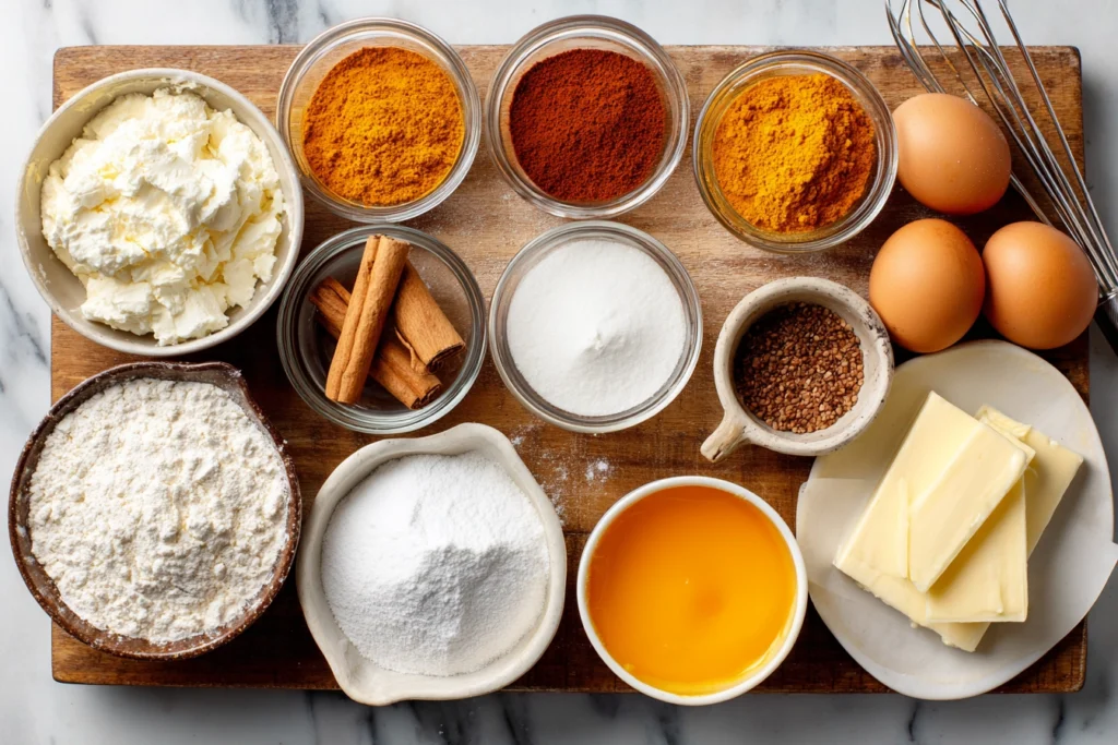 Fall Pumpkin Spice Roll Cake: A Cozy Dessert That Steals the Show 8 ingredients for fall pumpkin spice roll cake arranged in bowls on marble countertop
